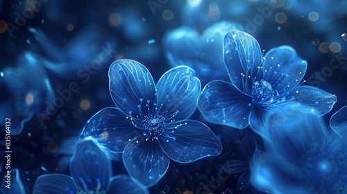 Closeup of glowing blue flowers with intricate details representing futuristic botanical design