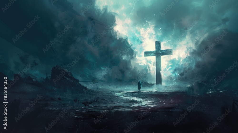 Fototapeta premium Path to Enlightenment. Cross standing tall amidst a misty shore. The silhouette of a man is staring at it. Digital illustration.