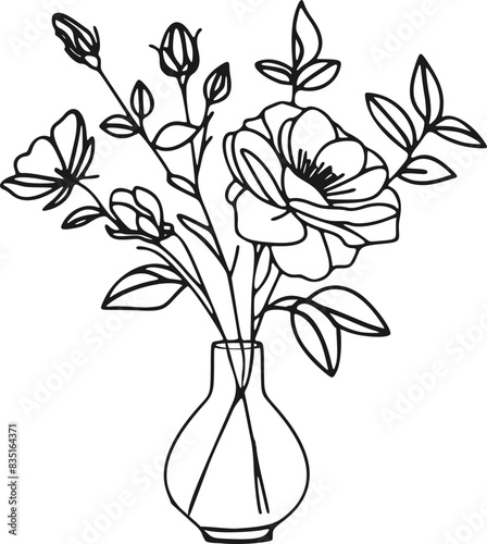 vase with flowers line art illustration, rose flower in vase