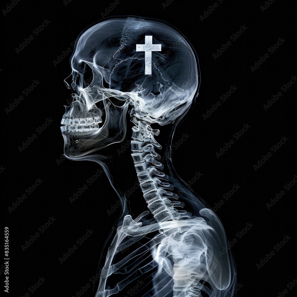 Spiritual Core. X-ray of a human skeleton in profile, with a minimalist cross in the skull. Digital picture. Spiritual Core. X-ray of a human skeleton in profile, with a minimalist cross in the skull. Digital picture.