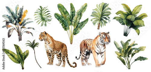 Watercolor leopard and tiger with green tropical plants