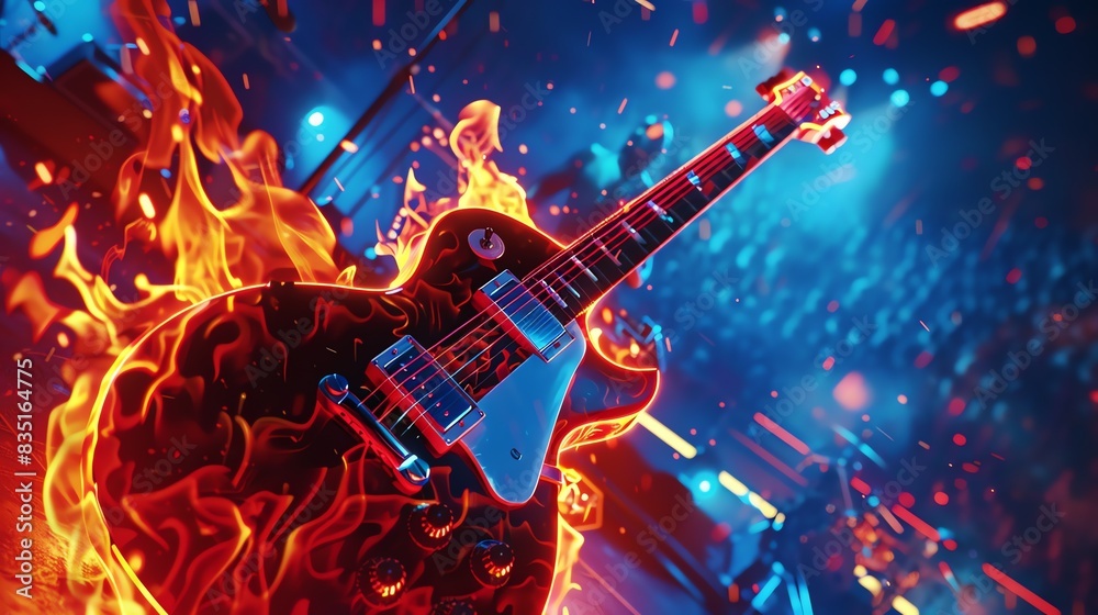Obraz premium Electric guitar on fire. Hot music. Rock and roll. Heavy metal. Fire and ice. Hot and cold. Good and evil. Light and dark. Yin and yang.