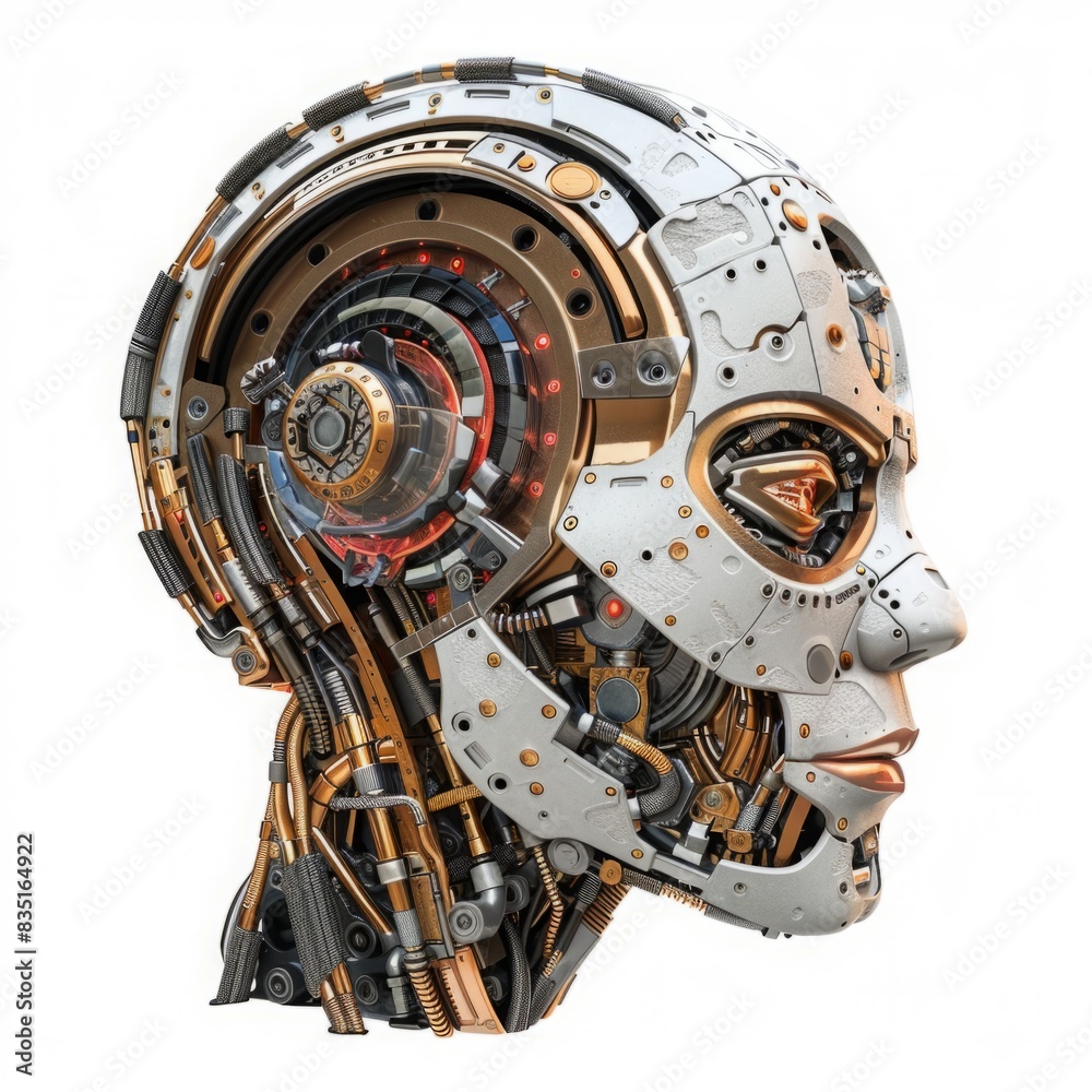 Futuristic robotic head with intricate mechanical components and metallic finish. Advanced technology and artificial intelligence concept for design and print. Generative AI Futuristic robotic head with intricate mechanical components and metallic finish. Advanced technology and artificial intelligence concept for design and print. Generative AI