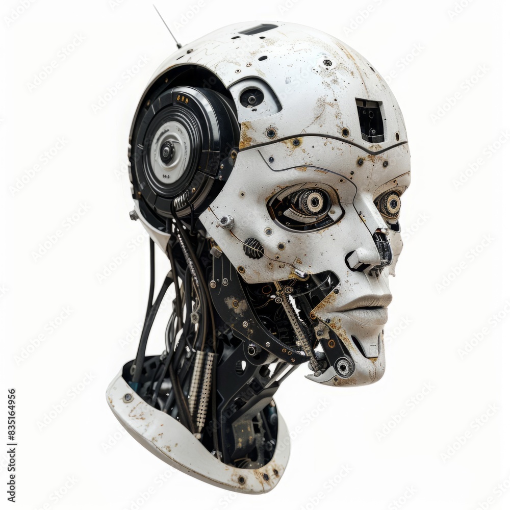 Futuristic white robotic head with exposed mechanical details and weathered appearance. Advanced technology and artificial intelligence concept for design and print. Generative AI Futuristic white robotic head with exposed mechanical details and weathered appearance. Advanced technology and artificial intelligence concept for design and print. Generative AI