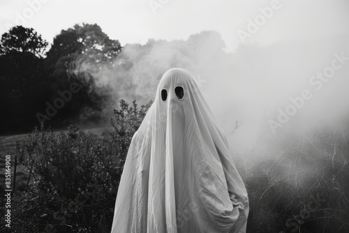 Eerie Ghost Veil Mysterious Figure in Misty White Shroud Amid Dark Fog