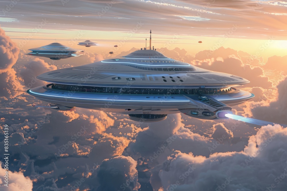 Futuristic spaceships flying above clouds at sunset. Digital art illustration for design and print. Sci-fi and exploration concept. Generative AI