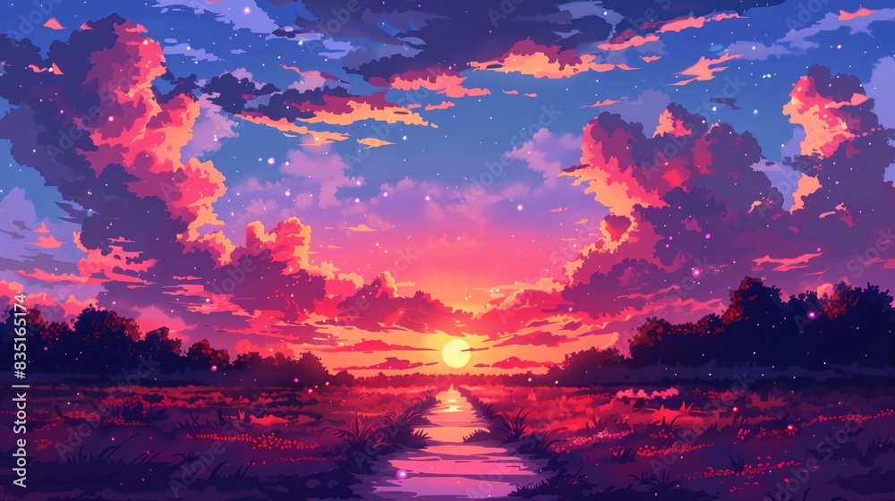 A vibrant sunset over a tranquil landscape. The sky is ablaze with rich hues of orange, pink, and purple, casting a warm glow over the scene.