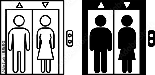 Elevator icons. Black and White Vector Icons. Man and Woman in an Elevator. Up and Down Arrows. Hotel and Building Concept