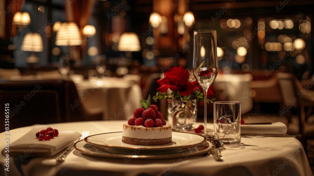 65. Elegant table setting with gourmet dessert, romantic candlelight, and luxurious restaurant ambiance 65. Elegant table setting with gourmet dessert, romantic candlelight, and luxurious restaurant ambiance
