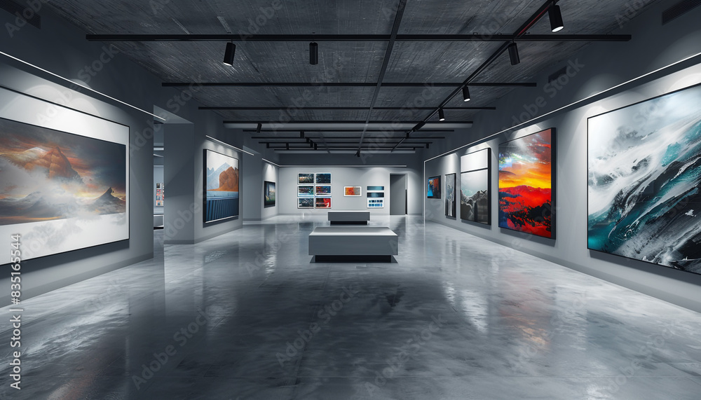 Sophisticated Avant Art Gallery layout displaying modern motion capture art in a tech-forward, minimalist space, merging digital technology and artistic creativity, Sophisticated Avant Art Gallery layout displaying modern motion capture art in a tech-forward, minimalist space, merging digital technology and artistic creativity,
