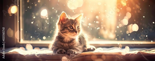 Adorable kitten sitting by a window with beautiful sunlight streaming in, creating a warm, cozy atmosphere filled with magical light bokeh.