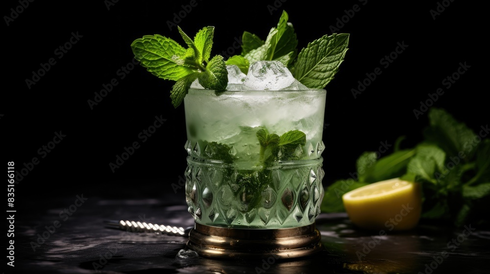 Photograph of a refreshing mint julep adorned with a sprig of fresh mint and a glistening mint leaf Photograph of a refreshing mint julep adorned with a sprig of fresh mint and a glistening mint leaf