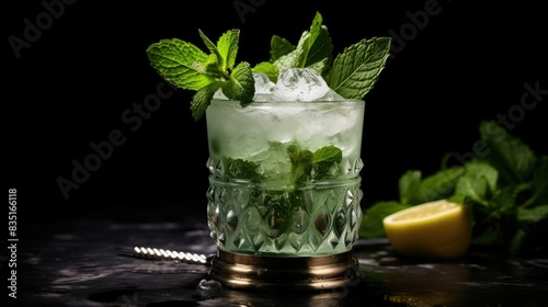 Photograph of a refreshing mint julep adorned with a sprig of fresh mint and a glistening mint leaf 