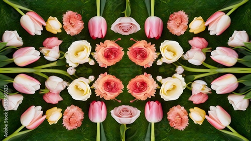 Flowers pattern of tulips roses hypericum flower on green background flat lay top view