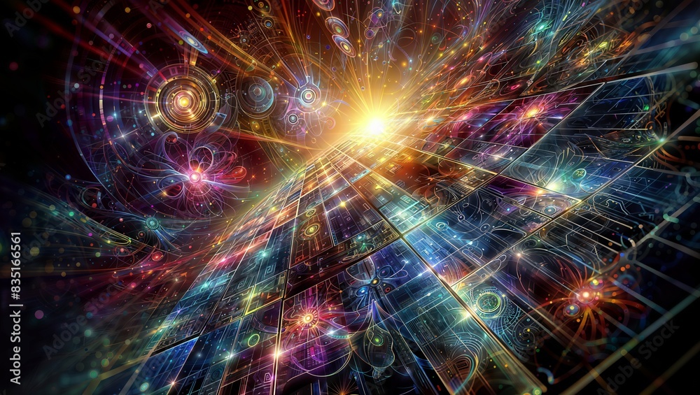 Fototapeta premium Dynamic abstract composition with a cosmic explosion of light and intricate patterns, ideal for themes related to technology, science, and innovation.