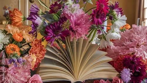 Top view of a bouquet of flowers and open book on the table