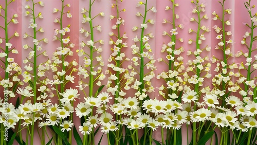 Spring floral layout flat lay of lily of the valley and daisy flowers in rows over pastel powder pink