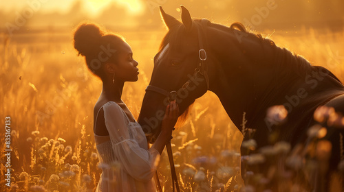 African woman gently stroking a majestic black horse at sunset, warm golden light, serene expression, field with wildflowers photo