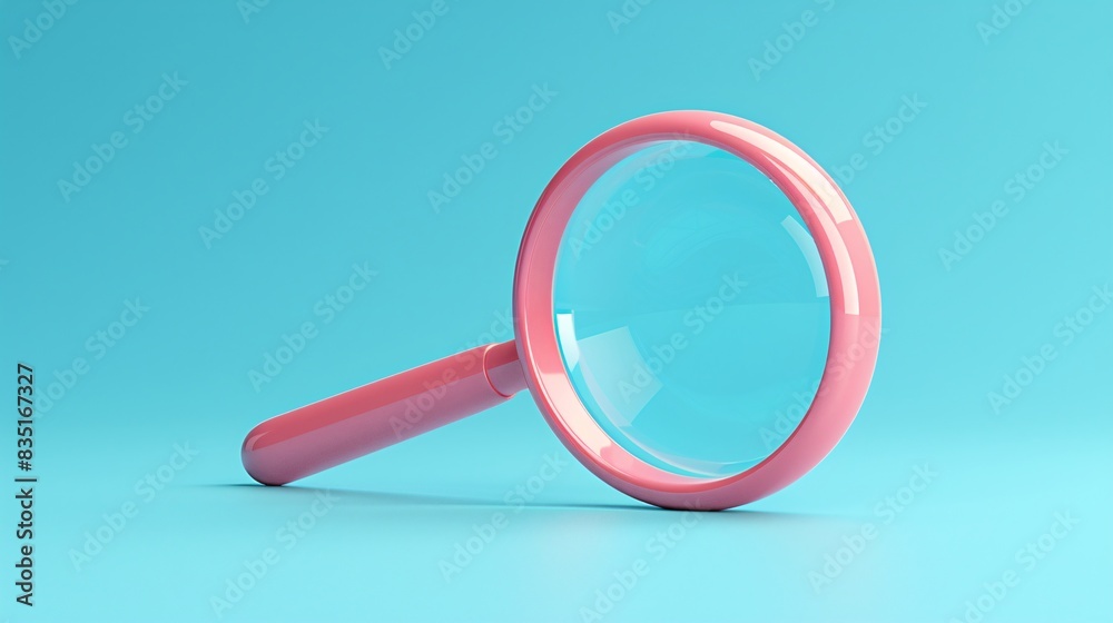 Close-up of a pink magnifying glass on a blue background, symbolizing search, discovery, and exploration. 3D Illustration. Close-up of a pink magnifying glass on a blue background, symbolizing search, discovery, and exploration. 3D Illustration.