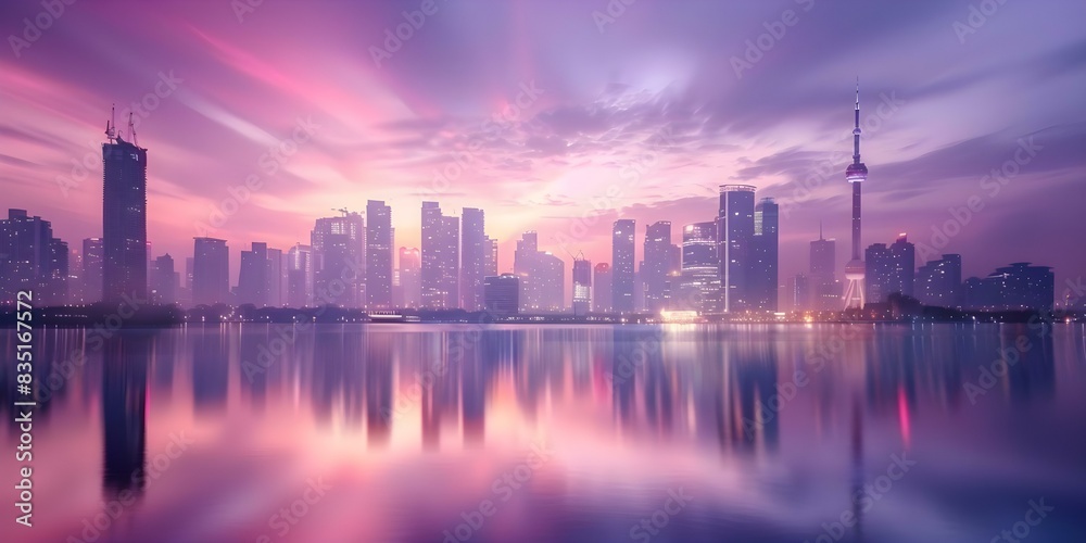 Fototapeta premium Asian city skylines dazzle with vibrant urban energy at sunset. Concept City Skylines, Asian Cities, Urban Energy, Sunset Views