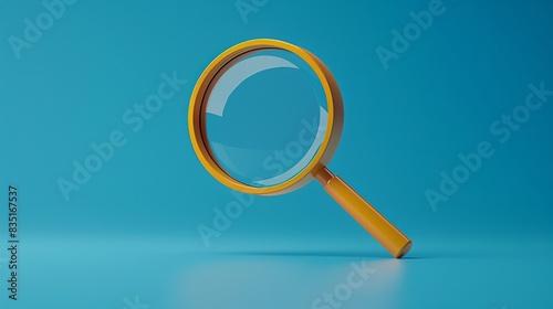Close-up of a yellow magnifying glass on a blue background, symbolizing search, exploration, and discovery in a minimalist style. 3D Illustration.