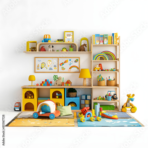 Interior of children room with pictures, toys and shelving units isolated on white background, professional photography, png  © Anton