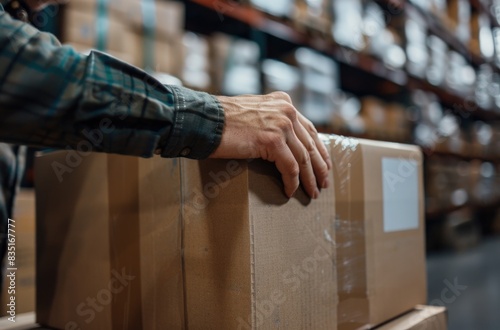 Warehouse Worker Handling Cardboard Boxes in Storage Facility