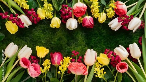 Flowers pattern of tulips roses hypericum flower on green background flat lay top view