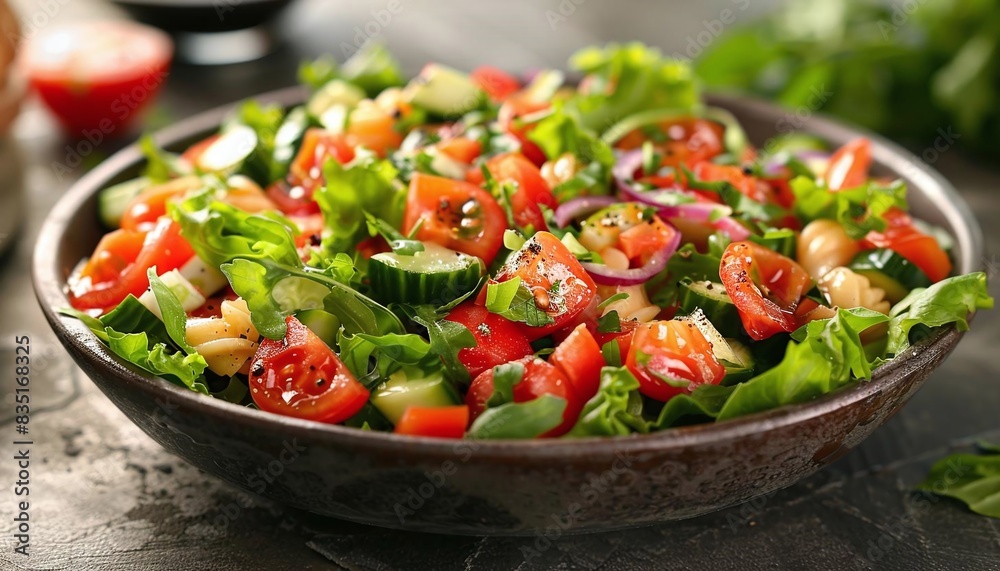 Create an image of a cold pasta salad with vegetables and a light dressing Create an image of a cold pasta salad with vegetables and a light dressing