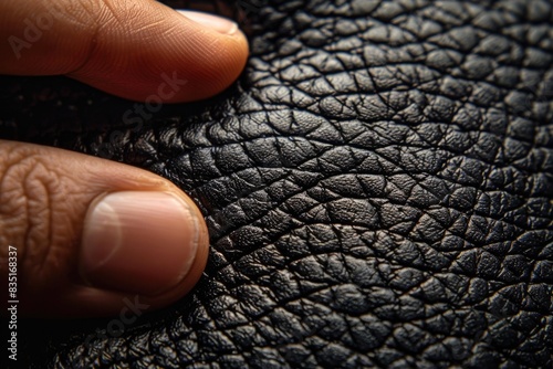 Human Fingertips Touching Black Textured Leather CloseUp Macro photo