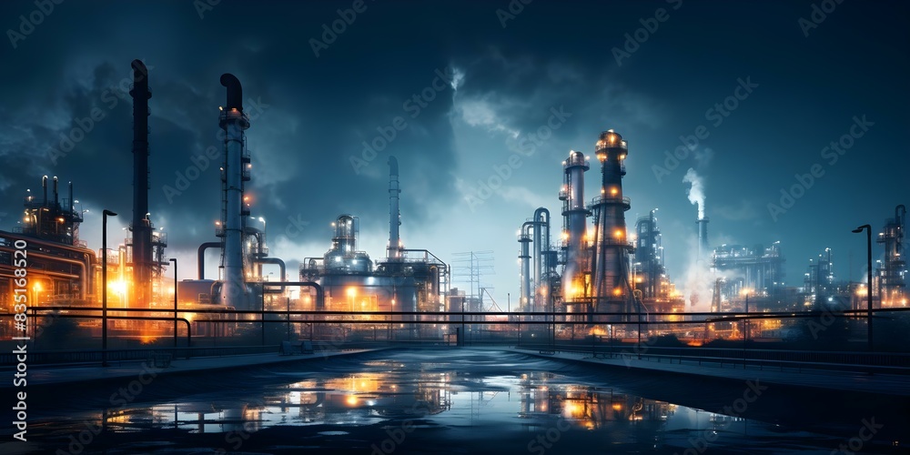 Fototapeta premium Carbon Capture Facilities and Chemical Refinery in Action at Nighttime. Concept Industrial Processes, Night Photography, Carbon Sequestration, Environmental Impact, Manufacturing Operations