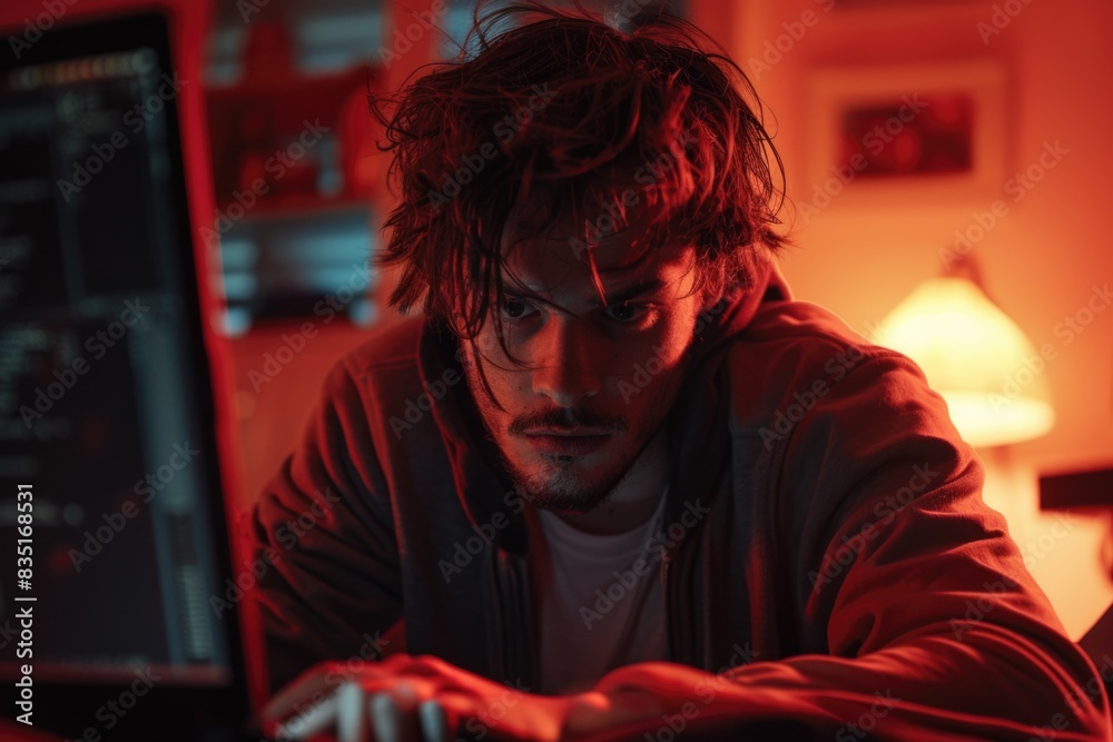 Obraz premium Young Programmer Working Late Night on Computer in Dimly Lit Room