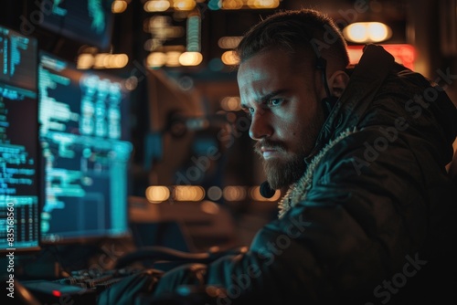 Focused Cybersecurity Specialist at Work in Dark Room with Multiple Computer Screens