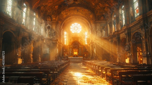 Historic Cathedral Interior with Sunlight Streaming Through Stained Glass Windows