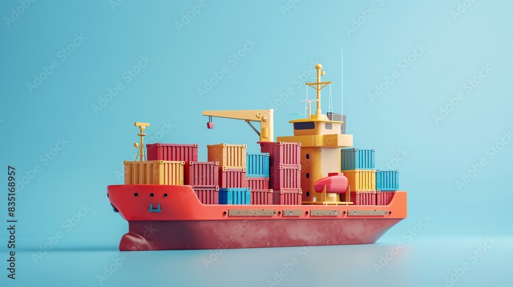 Colorful cargo ship loaded with containers floating against a blue background. Concept of global trade, shipping, and logistics. 3D Illustration. Colorful cargo ship loaded with containers floating against a blue background. Concept of global trade, shipping, and logistics. 3D Illustration.