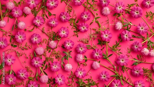 Border of flowers on a pink background beautiful eustomas floral background of flowers and leaves