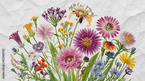 Different wild flowers on paper background