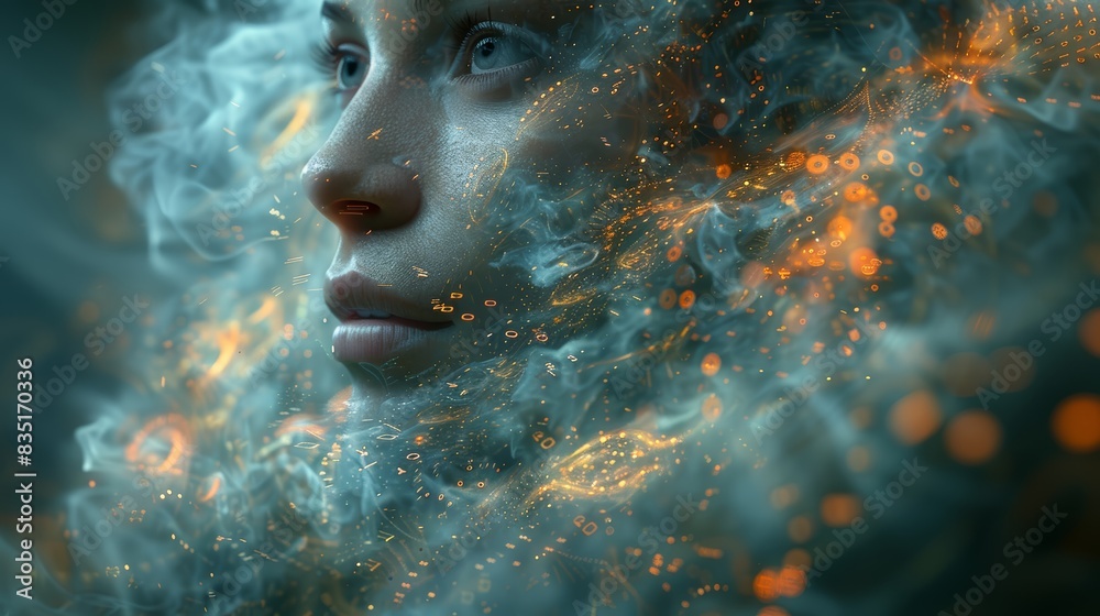 A photo of a striking portrait of a person, their face serene yet focused, surrounded by a dynamic whirlwind of glowing equations, algorithms, and binary code, representing the intricacies of their