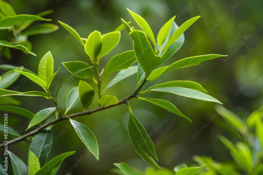 Close-up photograph of a branch with vibrant green leaves in a natural outdoor setting. Nature concept for design and print. Сamphor Ayurveda. ayurvedic herbs. Generative AI Close-up photograph of a branch with vibrant green leaves in a natural outdoor setting. Nature concept for design and print. Сamphor Ayurveda. ayurvedic herbs. Generative AI