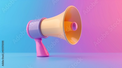 Colorful megaphone against a vibrant blue and pink background, ideal for marketing, advertising, and communication concepts. 3D Illustration. © Tackey