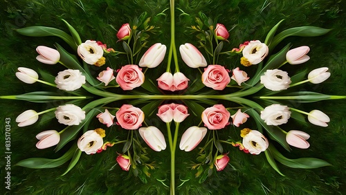 Flowers pattern of tulips roses hypericum flower on green background flat lay top view