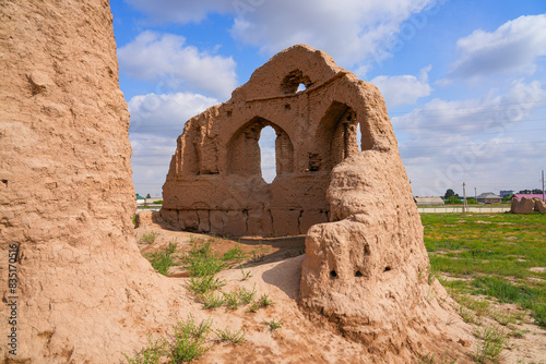 Remains of a medieval religious building made of mud bricks next to the Sultan Saodat Mosque on the outskirts of Termez in the Surxondaryo Region, southern Uzbekistan, Central Asia photo
