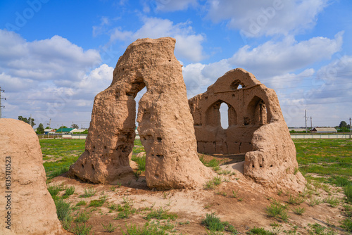 Remains of a medieval religious building made of mud bricks next to the Sultan Saodat Mosque on the outskirts of Termez in the Surxondaryo Region, southern Uzbekistan, Central Asia photo