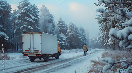 Big commercial semi-trailer truck trapped in snow drift on closed highway road at heavy snow storm blizzard cold winter day. Cargo vehicle stuck on freeway at bad weather conditions frosty snowfall
 photo