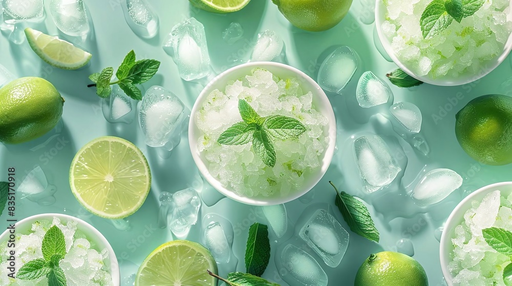 Illustrate a flat lay of a refreshing mint and lime granita Illustrate a flat lay of a refreshing mint and lime granita