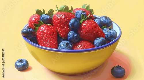 Illustrate a flat lay of a bowl of fresh strawberries and blueberries