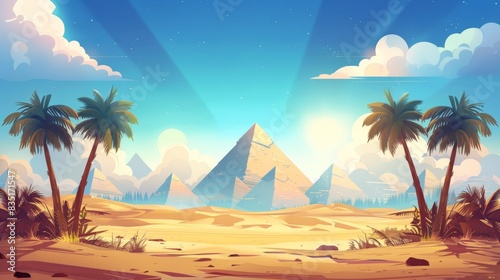 A horizontal background with palm trees and desert. The horizon contains pyramids.