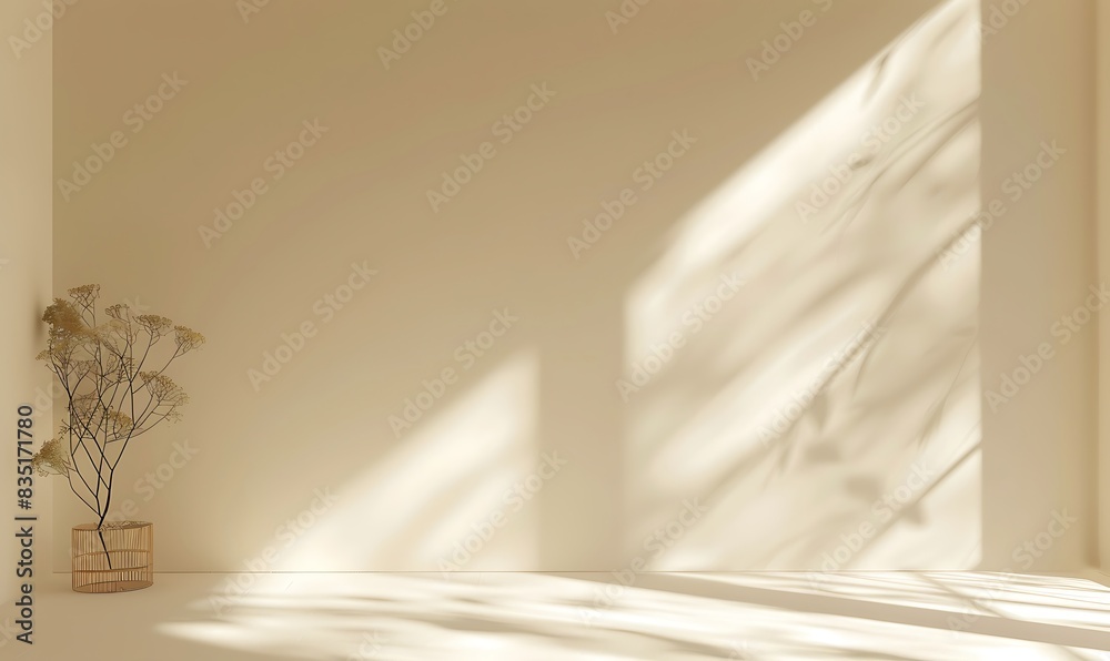Minimalistic abstract gentle light beige background for product presentation with light andand intricate shadow from the window and vegetation on wall. Minimalistic abstract gentle light beige background for product presentation with light andand intricate shadow from the window and vegetation on wall.