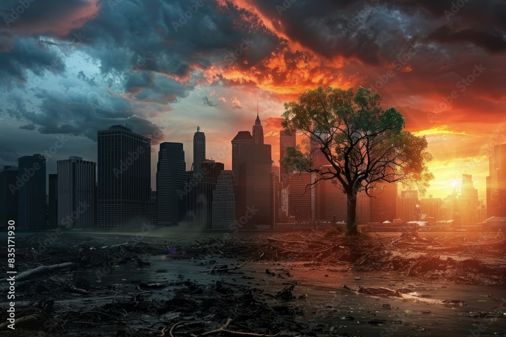 Lonely tree standing on desolate ground with a city skyline and dramatic sunset sky. Digital artwork with urban environment concept. Generative AI