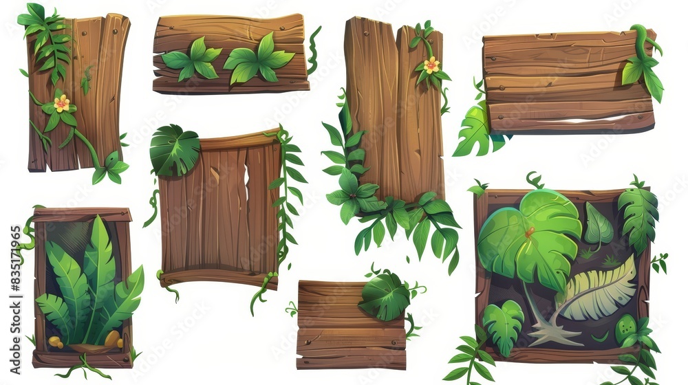 Isolated 3D modern illustration of set of abandoned wooden boards decorated with leaves liana. Picture of jungle style cartoon game panels on white background. Isolated 3D modern illustration of set of abandoned wooden boards decorated with leaves liana. Picture of jungle style cartoon game panels on white background.